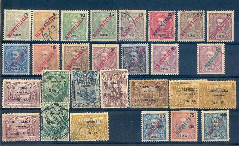 2531.jpg -     Lote:    2531      Lotes pelo Correio       Congo       Descrição:         1911 &mdash; Congo. D. Carlos I (Mouchon), com sobrecarga "República". CE 60/71, 73/4 + 1913 &mdash; 4.º Centenário do Descobrimento do Caminho Marítimo para a Índia, com sobrecarga "Congo" e "Republica" e sobretaxa. Sobre selos de África, CE 77/82; sobre selos de Macau, CE90; sobre selos de Timor, CE93/4, 98. + 1914/18 &mdash; D. Carlos I (Mouchon), com sobrecarga "República". CE 118, 121/3. Valor de catálogo &euro; 70,00.         **/O       Valor Base:     &euro; 8,00     Valor Venda:     &euro; 11,00       