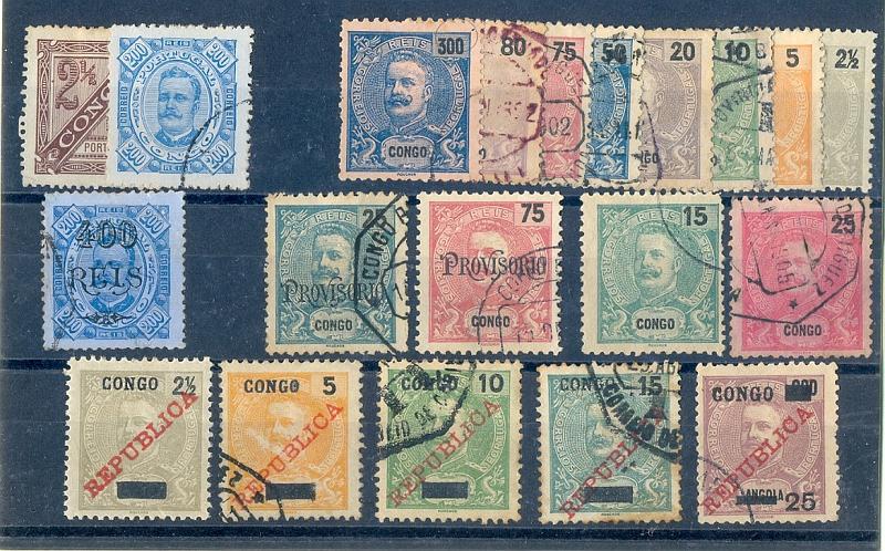 2532.jpg -     Lote:    2532      Lotes pelo Correio       Congo       Descrição:         1894 &mdash; D. Carlos I, Diogo Neto. CE 1, 12 + 1898-1901- D. Carlos I (Mouchon), CE14/6, 18, 20/2, 26. Alguns selos com defeitos + 1902 &mdash; D. Carlos I, com sobretaxa ou sobrecarga "Provisório". CE 40, 43 e 45 + 1903 &mdash; D. Carlos I. Novas cores e valores. CE 46/7 + 1911 &mdash; D. Carlos I. Selos de Angola com sobrecargas "Congo" e "República". CE 55/59. Valor de catálogo &euro; 42,00.         O       Valor Base:     &euro; 5,00      Valor Venda:     &euro; 8,00       
