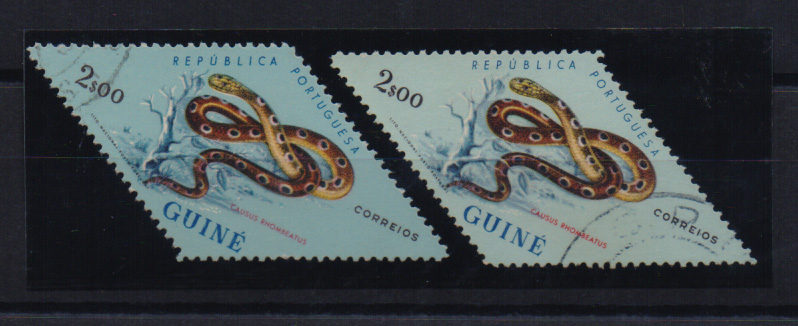 2540.jpg -     Lote:    2540      Lotes pelo Correio       Guiné       Descrição:         1963 &mdash; Cobras. CE301, 2$00. Dois selos com tonalidades de cores diferentes.         O       Valor Base:     &euro; 3,00     Valor Venda:     Retirado     