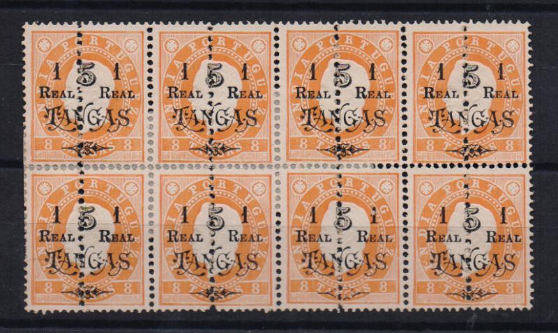 2545.jpg -     Lote:    2545      Lotes pelo Correio       Índia       Descrição:         1911/13 &mdash; D. Luís I. Selos de 1902, perfurados ao meio e com nova sobretaxa. CE222, 1 real s/ 5T s/ 8T laranja, denteado 13 &frac12;. Bloco com 8 selos completos.         *       Valor Base:     &euro; 5,00     Valor Venda:     Retirado     