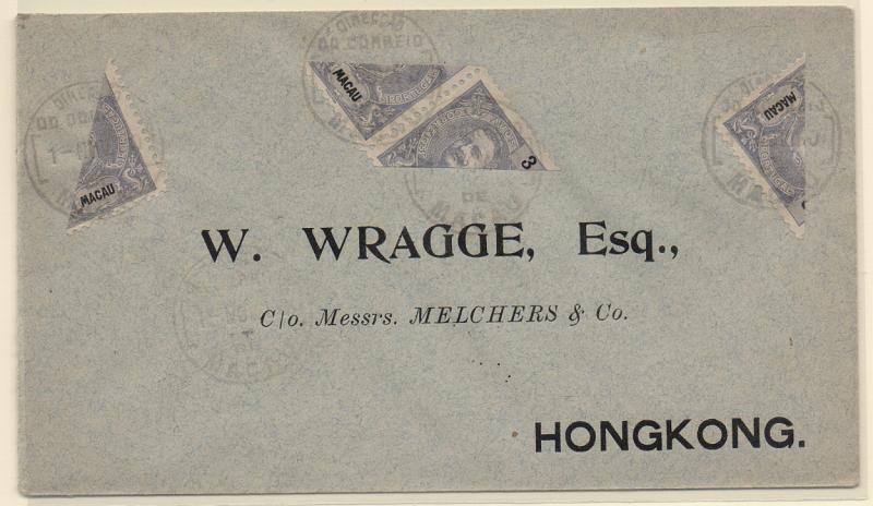 2548.jpg -     Lote:    2548      Lotes pelo Correio       Macau       Descrição:         1903 &mdash; D. Carlos I Mouchon. CE130, 3 avos. Sobrescrito circulado de Macau para Hong Kong (02.11.10) com 4 selos bipartidos.         Carta       Valor Base:     &euro; 5,00     Valor Venda:     &euro; 15,00       
