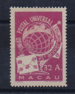 2549.jpg -     Lote:    2549      Lotes pelo Correio       Macau       Descrição:         1949 &mdash; 75.º Aniversário da UPU. CE340, 32 avos lilás castanho. Selo regomado.         RG***       Valor Base:     &euro; 10,00     Valor Venda:     &euro; 10,00       