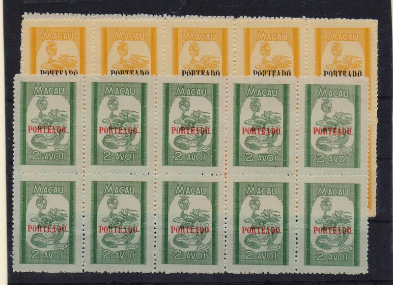 2562.jpg -     Lote:    2562      Lotes pelo Correio       Macau       Descrição:         1951 &mdash; Porteado. Vinheta tipo "Dragão", com sobretaxa. Lote de dois blocos de 10 selos cada (5x2), das taxas de 1avo amarelo e 2 avos verde, CE POR51/52. Valor de catálogo &euro; 30,00.         ***       Valor Base:     &euro; 6,00     Valor Venda:     Retirado     