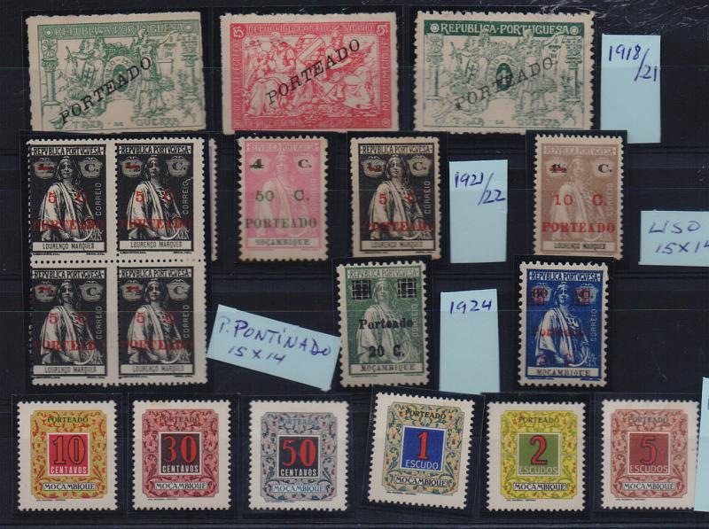2565.jpg -     Lote:    2565      Lotes pelo Correio       Moçambique       Descrição:         1918/52 &mdash; Porteados. Lote com 16 selos + uma quadra CE POR41, 42, 43, 44/48, 47 (quadra), 49/50, 51/56. Séries completas.         Lote       Valor Base:     &euro; 8,00     Valor Venda:     &euro; 17,00       