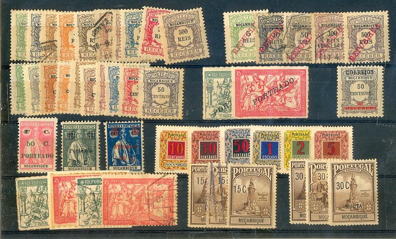 2566.jpg -     Lote:    2566      Lotes pelo Correio       Moçambique       Descrição:         1904 &mdash; Porteado. Emissão regular, CE1/10; 1911 &mdash; Idem com sobrecarga "Republica", CE11,12,15,16, 20; 1917 &mdash; Idem, com valor em centavos, CE3&frac14;0; 1918-21 &mdash; Selos de Imposto Postal com sobrecarga "Porteado", CE4&frac14;2; 1921-1924 &mdash; Tipo "Ceres", com sobrecarga, CE46, CE49/50. 1952 &mdash; Emissão regular. Novo tipo, CE51/56 + 1916/18 &mdash; Selos de Imposto Postal, "Taxa de Guerra", CE&frac14;; 1925 &mdash; Idem, Monumento ao Marquês de Pombal, CE5/7; 1925 &mdash; Idem, com sobrecarga "Multa", CE 1/3 + 1929 &mdash; Selo da emissão Regular de Porteado com sobrecarga, CE260. Valor de catálogo &euro; 36,00. Lote a ver.         **/O       Valor Base:     &euro; 4,00     Valor Venda:     &euro; 6,00       