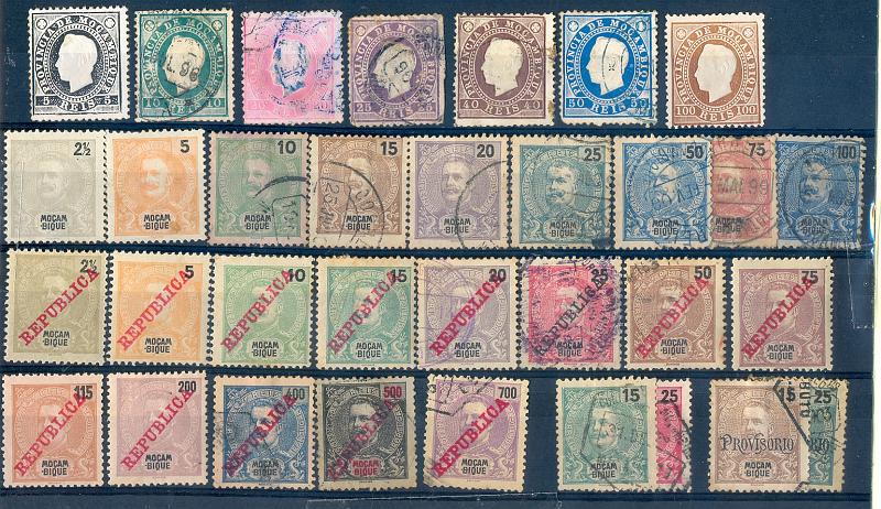 2571.jpg -     Lote:    2571      Lotes pelo Correio       Moçambique       Descrição:         1886 &mdash; D. Luís I. Fita direita. CE 15/21. Novos CE 15 e 21 + 1898 &mdash; 1900 D. Carlos I. Mouchon. CE 53/60, 62 + 1902 &mdash; D. Carlos I, com sobrecarga "Provisório". CE 90/91. 1903 &mdash; D. Carlos I. Novas cores e valores. CE 94/95 + 1911 &mdash; D. Carlos I, com sobrecarga "Republica". CE 103/110, 112, 114/117. Mistura de selos N e U. Alguns selos com defeitos. Valor de catálogo &euro; 30,00.         **/O       Valor Base:     &euro; 4,00     Valor Venda:     Retirado     