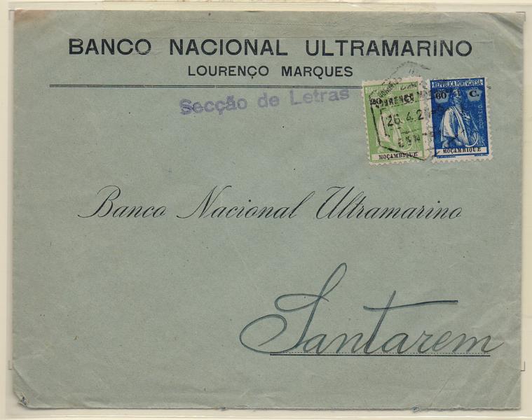 2574.jpg -     Lote:    2574      Lotes pelo Correio       Moçambique       Descrição:         1914/22 &mdash; Ceres. Sobrescrito circulado de L. Marques (26.04.25) para Santarém com selos de 20 C CE164 e 60C CE243.         Carta       Valor Base:     &euro; 8,00     Valor Venda:     Retirado     