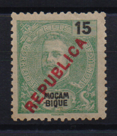 2575.jpg -     Lote:    2575      Lotes pelo Correio       Moçambique       Descrição:         1917 &mdash; D. Carlos I Mouchon, com sobrecarga REPUBLICA local. CE190, 15 reis. Valor de catálogo &euro; 41,00.         **       Valor Base:     &euro; 5,00     Valor Venda:     &euro; 18,00       