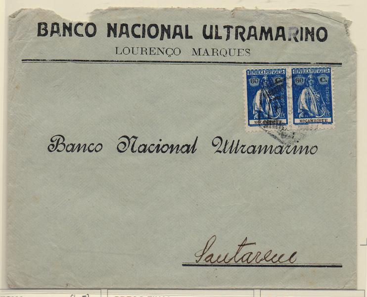 2576.jpg -     Lote:    2576      Lotes pelo Correio       Moçambique       Descrição:         1922 &mdash; Ceres. Sobrescrito circulado de L. Marques para Santarém (30.03.25) com par de selos de 60C CE243.         Carta       Valor Base:     &euro; 8,00     Valor Venda:     Retirado     