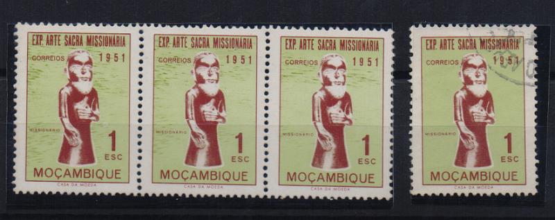 2582.jpg -     Lote:    2582      Lotes pelo Correio       Moçambique       Descrição:         1953 &mdash; Exposição de Arte Sacra Missionária. CE386, 1$00 verde e castanho. Tira horizontal de 3 selos com imperfeição na impressão.         ***/**       Valor Base:     &euro; 4,00     Valor Venda:     &euro; 4,00       