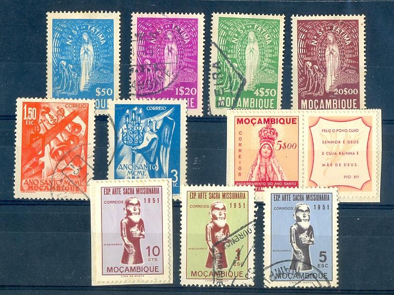 2583.jpg -     Lote:    2583      Lotes pelo Correio       Moçambique       Descrição:         1948 &mdash; Nossa Senhora de Fátima, CE 344/347; 1950 - Ano Santo, 354/355; 1951 &mdash; Encerramento do Ano Santo, CE 380; 1953 &mdash; Exposição da Arte Sacra Missionária, 385/387. Valor de catálogo &euro; 30,00.         O       Valor Base:     &euro; 3,00     Valor Venda:     Retirado     