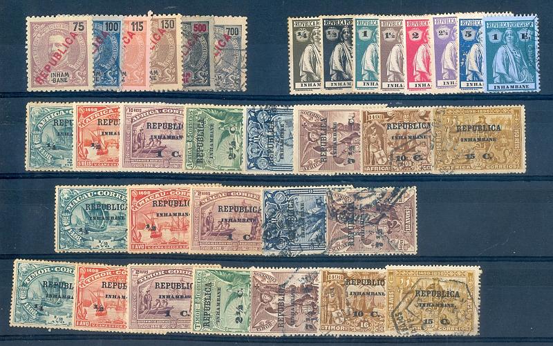 2586.jpg -     Lote:    2586      Lotes pelo Correio       Inhambane       Descrição:         1911 &mdash; D. Carlos I (Mouchon), com sobrecarga "Republica", CE39,41,42,45, 46 + 1913 &mdash; Idem. 4.º Centenário do Descobrimento do Caminho Marítimo para a Índia, com sobrecarga e sobretaxa. Sobre selos de África, CE 49/54; sobre selos de Macau, CE55/57,59,60; sobre selos de Timor, CE63/66 e 68/70 + 1914 &mdash; Ceres, CE71/77, 86. Alguns selos com defeito. Valor de catálogo &euro; 47,00.         **/O       Valor Base:     &euro; 4,00     Valor Venda:     &euro; 19,00       