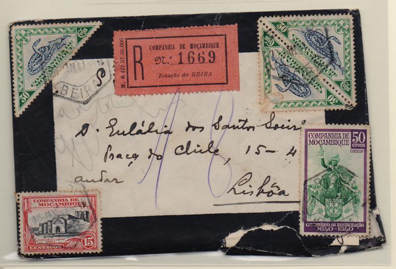 2591.jpg -     Lote:    2591      Lotes pelo Correio       Companhia de Moçambique       Descrição:         1937 &mdash; Motivos locais. Sobrescrito circulado registado da Beira (21.01.41) para Lisboa (19.03.41) com selos de 15c, 3x30c e 50c CE175, 177 e 200. Sobrescrito com defeitos.         Carta       Valor Base:     &euro; 12,00     Valor Venda:     Retirado     
