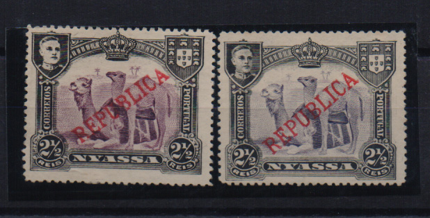 2596.jpg -     Lote:    2596      Lotes pelo Correio       Companhia do Niassa       Descrição:         1911 &mdash; D. Manuel II. Motivos diversos, com sobrecarga REPUBLICA. CE52, 2 &frac12; reis. Dois selos com diferentes tonalidades de cor do centro.         *       Valor Base:     &euro; 3,00     Valor Venda:     Retirado     
