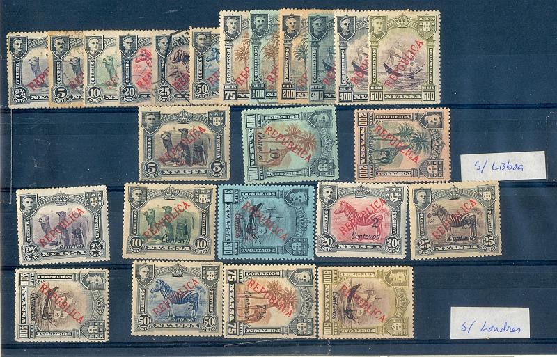 2597.jpg -     Lote:    2597      Lotes pelo Correio       Companhia do Niassa       Descrição:         1911 &mdash; D. Manuel II. Motivos diversos, com sobrecarga "Republica". Série completa mista com alguns pontos de óxido + 1921 &mdash; Idem com sobretaxa (Lisboa) e sobrecarga "REPUBLICA", CE82,91,93. 1921 &mdash; Idem com sobretaxa (Londres) e sobrecarga "REPUBLICA", série incompleta CE95/104, faltam CE94,103,105. Valor de catálogo &euro;47,00.         **/O       Valor Base:     &euro; 7,00     Valor Venda:     &euro; 12,00       