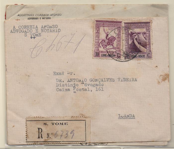 2605.jpg -     Lote:    2605      Lotes pelo Correio       S. Tomé e Príncipe       Descrição:         1934/38 &mdash; Ceres, novo tipo + Império Colonial. Lote composto por 3 cartas circuladas de S. Tomé para Luanda com selos de 60c (par) CE288 + 30+70C CE324, 329 + 50C CE327. Lote a ver.         Carta        Valor Base:     &euro; 10,00     Valor Venda:     Retirado     