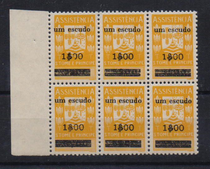 2606.jpg -     Lote:    2606      Lotes pelo Correio       S. Tomé e Príncipe       Descrição:         1965 &mdash; "ASSISTÊNCIA", com sobrecarga. CE IP21, "um escudo / 1$00" s/ 5$00, amarelo. Bloco de 6 selos. Valor de catálogo &euro; 10,80.         ***       Valor Base:     &euro; 4,00     Valor Venda:     &euro; 8,00       
