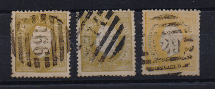 2607.jpg -     Lote:    2607      Lotes pelo Correio       Portugal       Descrição:         Carimbos numéricos da 2.ª reforma. 1870/76 &mdash; D. Luís I, fita direita. Lote de três selos: um de 10 reis amarelo CE37 com carimbo "129 &mdash; VISEU" e dois selos de 20 reis CE39, com carimbos "166 &mdash; CASTELO BRANCO" e "214 &mdash; LAGOS".         O       Valor Base:     &euro; 10,00     Valor Venda:     Retirado     