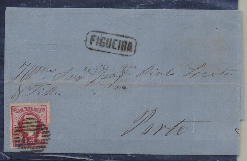 2613.jpg -     Lote:    2613      Lotes pelo Correio       Portugal       Descrição:         Carimbos nominativos. 1866/67 &mdash; D. Luís I, fita curva, denteados. CE30, 25 reis em carta circulada da Figueira para o Porto (08.06.69). Carimbo batido a preto da "FIGUEIRA".         Carta       Valor Base:     &euro; 8,00     Valor Venda:     Retirado     
