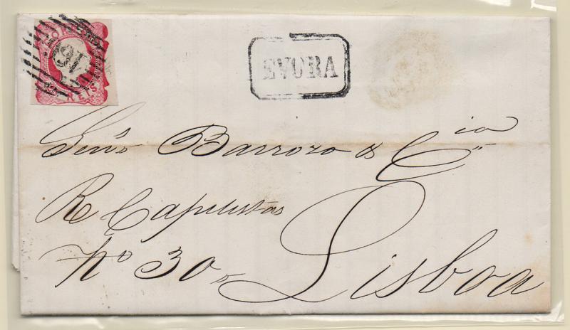 2614.jpg -     Lote:    2614      Lotes pelo Correio       Portugal       Descrição:         Carimbos nominativos. 1856/58 &mdash; D. Pedro V. cabelos anelados. CE13, 25 reis, com margens curtas em carta circulada de Évora (15.08.59). Carimbos batidos a preto numérico "166" tipo 3.5.3 e nominativo "EVORA".         Carta       Valor Base:     &euro; 10,00     Valor Venda:     Retirado     