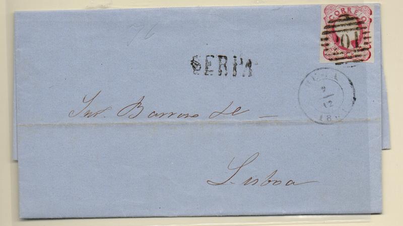 2615.jpg -     Lote:    2615      Lotes pelo Correio       Portugal       Descrição:         Carimbos nominativos. 1856/58 &mdash; D. Pedro V, cabelos anelados. CE13, 25 reis rosa, em capa de carta circulada de Serpa para Lisboa (16.12.61). Carimbos batidos a preto "204, tipo 4.3.4" + "SERPA. Selo com margens de luxo".         Carta       Valor Base:     &euro; 10,00     Valor Venda:     Retirado     
