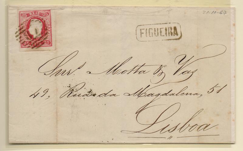 2616.jpg -     Lote:    2616      Lotes pelo Correio       Portugal       Descrição:         Carimbos nominativos. 1866/67 &mdash; D. Luís I, fita curva, não denteados. CE22, 25 reis em carta circulada da Figueira (21.11.67) para Lisboa. Carimbo batido a preto da "FIGUEIRA".         Carta       Valor Base:     &euro; 8,00     Valor Venda:     Retirado     