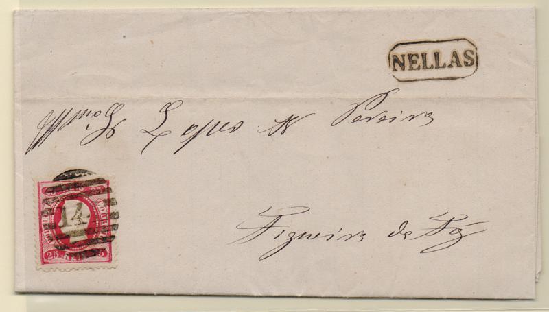 2617.jpg -     Lote:    2617      Lotes pelo Correio       Portugal       Descrição:         Carimbos nominativos. 1867/70 &mdash; D. Luís I, fita curva, denteados. CE30, 25 reis rosa carmim, em carta circulada de Nelas (31.03.71) para Monção. Carimbos batidos a preto "144" + "NELLAS".         Carta       Valor Base:     &euro; 8,00     Valor Venda:     &euro; 8,00       