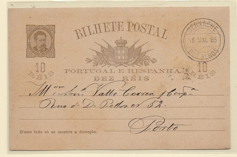 2621.jpg -     Lote:    2621      Lotes pelo Correio       Portugal       Descrição:         Carimbos circulares datados. 1884/87 &mdash; D. Luís I de frente.OM9, 10 reis circulado de Sernache dos Alhos (16.05.85) para o Porto. Carimbo batido a preto de "SERNACHE DOS ALHOS.         IC       Valor Base:     &euro; 10,00     Valor Venda:     &euro; 10,00       