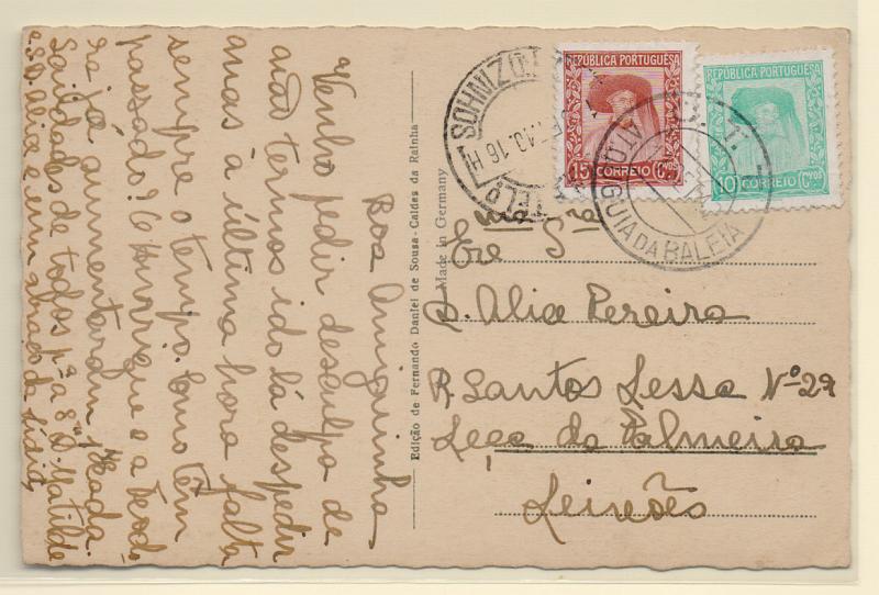 2624.jpg -     Lote:    2624      Lotes pelo Correio       Portugal       Descrição:         Carimbos circulares datados. Postal ilustrado circulado com selos de 10 e 15 C tipo Infante D. Henrique CE508/509, de Atouguia da Baleia (11.09.40) para Matosinhos. Carimbos batidos a preto "ATOUGUIA DA BALEIA" e "MATOZINHOS".         PI       Valor Base:     &euro; 10,00     Valor Venda:     Retirado     
