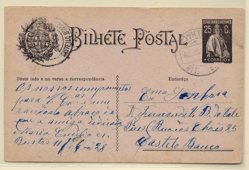 2627.jpg -     Lote:    2627      Lotes pelo Correio       Portugal       Descrição:         Carimbos circulares datados. 1924 &mdash; Ceres. Om74, 25C preto, circulado de Palhaça (11.06.28) para Castelo Branco. Carimbo batido a preto "PALHAÇA".         IC       Valor Base:     &euro; 5,00     Valor Venda:     Retirado     