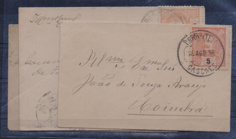 2629.jpg -     Lote:    2629      Lotes pelo Correio       Portugal       Descrição:         Carimbos circulares datados tipo 1880. D. Carlos Mouchon. Lote de 3 sobrescritos de reduzidas dimensões circulados com selos de 5 reis CE127, obliterados com carimbos batidos a preto de "CETTE", "VILA NOVA / DE PORTIMÃO" e "CASCAES".         Lote       Valor Base:     &euro; 10,00     Valor Venda:     Retirado     