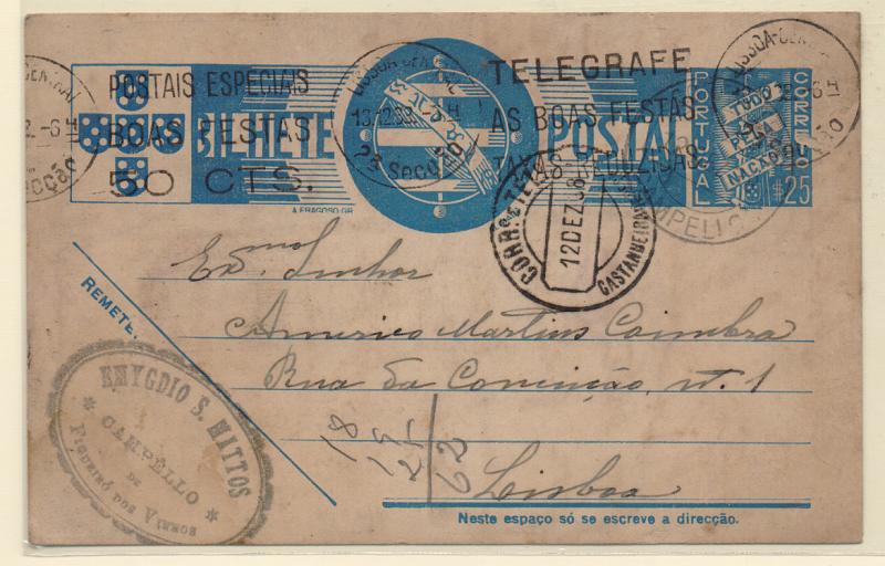 2630.jpg -     Lote:    2630      Lotes pelo Correio       Portugal       Descrição:         Carimbos circulares datados tipo 1942. 1936/30 &mdash;Tudo pela Nação. Inteiro de $25 circulado de Campelo para Lisboa . Carimbo batido a preto de "CAMPELO".         IC       Valor Base:     &euro; 10,00     Valor Venda:     Retirado     