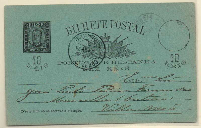 2631.jpg -     Lote:    2631      Lotes pelo Correio       Portugal       Descrição:         Carimbos circulares datados. Inteiro postal tipo D. Carlos I tipo Diogo Neto, preto s/ cartolina verde, circulado do Porto para Vila Meã (03.1195). Carimbo batido a preto de "ST.ª CRUZ DE VILA MEÃ".         IC       Valor Base:     &euro; 10,00     Valor Venda:     Retirado     