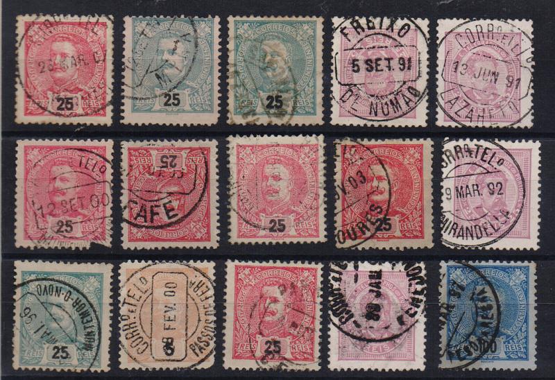 2635.jpg -     Lote:    2635      Lotes pelo Correio       Portugal       Descrição:         Carimbos circulares datados tipo 1880. Lote com 15 selos desde D. Luís I, de frente até D. Carlos I Mouchon, com carimbos batidos a preto. Lote a ver.         Lote       Valor Base:     &euro; 10,00     Valor Venda:     Retirado     