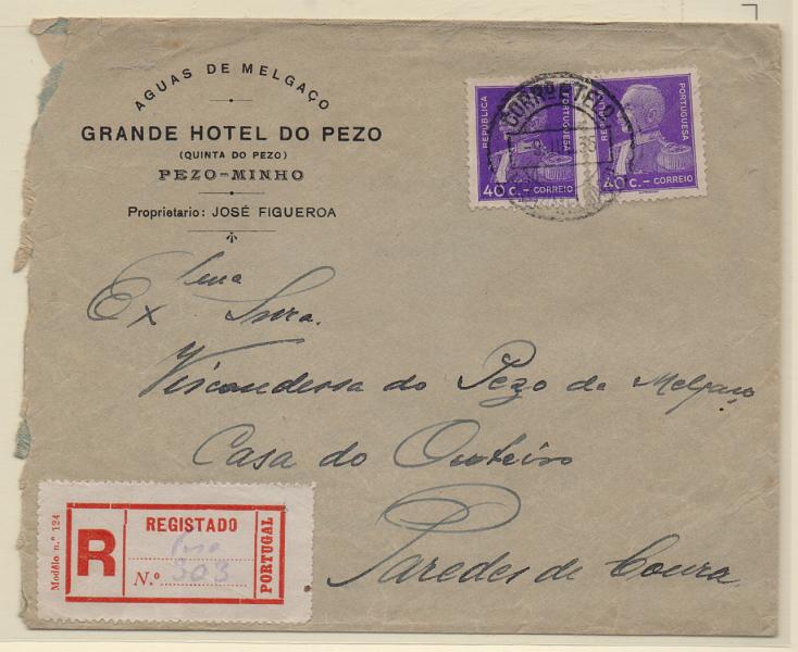 2641.jpg -     Lote:    2641      Lotes pelo Correio       Portugal       Descrição:         Carimbos circulares datados. 1934 &mdash; General Carmona. CE560, 40C. par circulado em sobrescrito remetido de Pezo (09.07.35) para Paredes de Coura. Carimbo batido a preto de "PEZO (MELGAÇO).         Carta       Valor Base:     &euro; 5,00     Valor Venda:     Retirado     