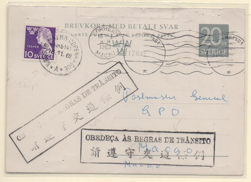2661.jpg -     Lote:    2661      Lotes pelo Correio       Macau       Descrição:         Marcas administrativas. Inteiro postal da Suécia circulado com adicional para Macau. Carimbo rectangular batido a preto "OBEDEÇA ÀS REGRAS DE TRÂNSITO + tradução para a versão nativa". Raro.         PI       Valor Base:     &euro; 25,00     Valor Venda:     Retirado     