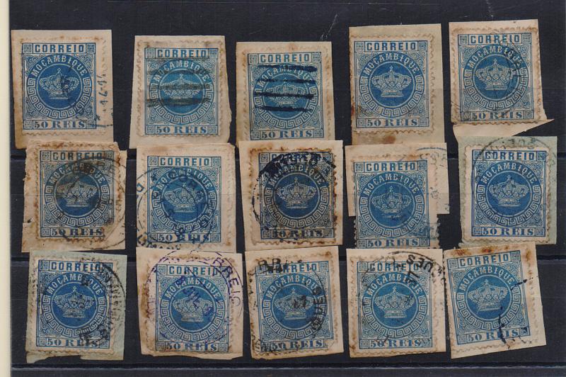2662.jpg -     Lote:    2662      Lotes pelo Correio       Moçambique       Descrição:         Marcofilia diversa. 1881/85 &mdash; Tipo Coroa. CE14, 50 reis azul. Lote com 15 fragmentos cada um com um selo, com obliterações diversas da época.         Lote       Valor Base:     &euro; 8,00     Valor Venda:     Retirado     