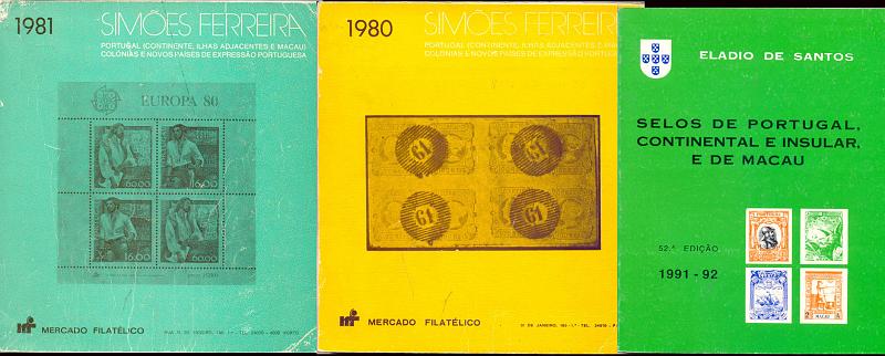 2670.jpg -     Lote:    2670      Lotes pelo Correio              Descrição:         Catálogos Simões Ferreira, 1980 e 1981, edição Mercado Filatélico + Catálogo Eládio de Santos, Selos de Portugal, Continental e Insular e de Macau. 52ª edição (1991-92)        Livro        Valor Base:     &euro; 5,00     Valor Venda:     Retirado     