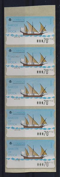 2728.jpg -     Lote:    2728      Lotes pelo Correio              Descrição:         Espanha. Tira com 5 etiquetas de 70 pesetas. Temática barcos.         ETQ       Valor Base:     &euro; 3,00     Valor Venda:     Retirado     