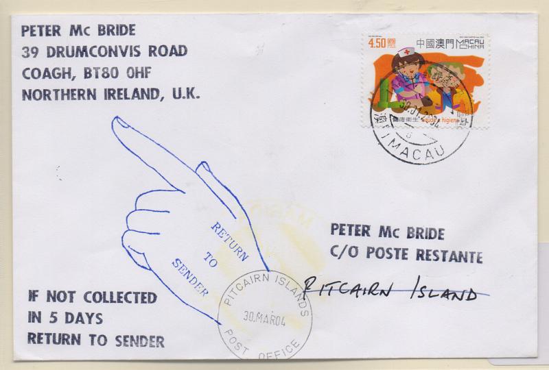 2753.jpg -     Lote:    2753      Lotes pelo Correio              Descrição:         China / Macau. Sobrescrito circulado para Pitcairn (30.03.2004 e devolvido ao remetente         Carta       Valor Base:     &euro; 8,00     Valor Venda:     Retirado     