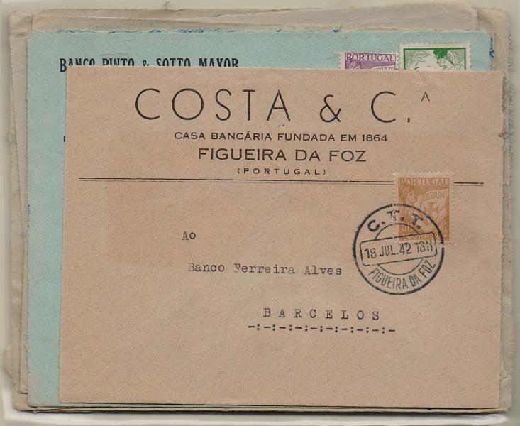2793.jpg -     Lote:    2793      Lotes pelo Correio              Descrição:         Portugal. Lote com 10 sobrescritos de Agências Bancárias, doas anos 40. Lote a ver.         Lote       Valor Base:     &euro; 15,00     Valor Venda:     &euro; 19,00       