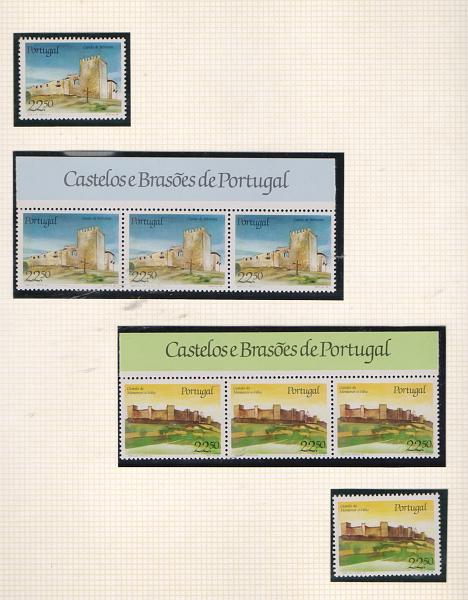 2795.jpg -     Lote:    2795      Lotes pelo Correio              Descrição:         Portugal &mdash; Castelos e Brasões dos anos de 1986/88. Para cada emissão em cada folha um selo e uma tira de três selos com margem superior e inscrição impressa do tema da emissão. Todos protegidos por material Hawid. Valor de catálogo de 2011 &euro; 120,00.         Lote       Valor Base:     &euro; 20,00     Valor Venda:     Retirado     