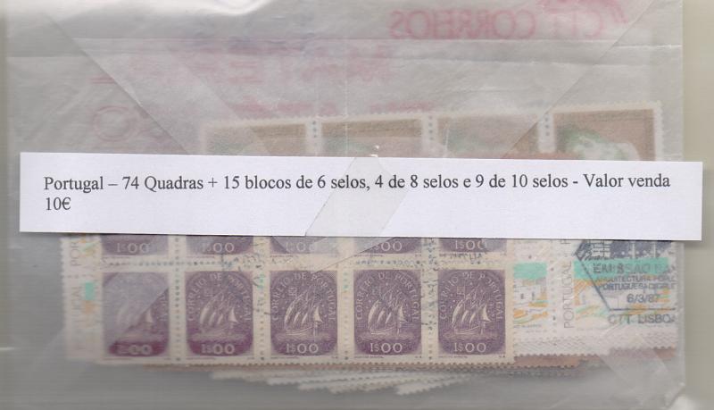 2804.jpg -     Lote:    2804      Lotes pelo Correio              Descrição:         Portugal. Lote composto por 74 quadras + 15 blocos de 6 selos + 4 blocos de 8 selos + 9 blocos de 10 selos, todos obliterados. Alguma marcofilia. Lote a ver.         Lote       Valor Base:     &euro; 10,00     Valor Venda:     &euro; 17,00       