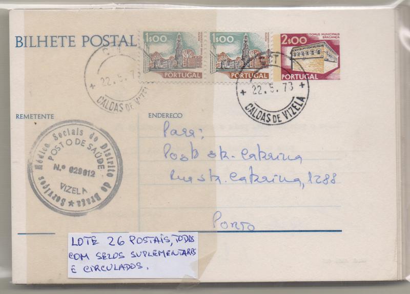 2806.jpg -     Lote:    2806      Lotes pelo Correio              Descrição:         Portugal. Lote com 26 inteiros postais tipo Paisagens e Monumentos de 2$00, todos com selos adicionais e marcofilia interessante. Lote a ver.         Lote       Valor Base:     &euro; 12,00     Valor Venda:     &euro; 12,00       