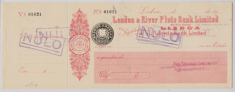2870.jpg -     Lote:    2870      Lotes pelo Correio              Descrição:         Portugal. Cheques &mdash; London & River Plate Bank Limited" * Lisboa, "19..", novo, com canhoto e IS de $03.         CHQ       Valor Base:     &euro; 6,00     Valor Venda:     &euro; 6,00       