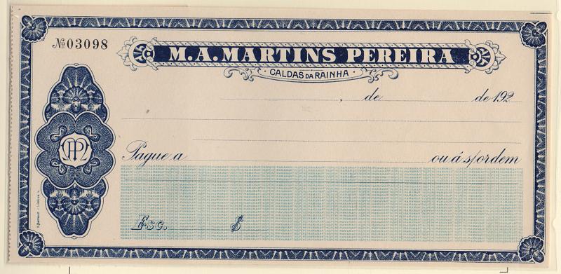 2873.jpg -     Lote:    2873      Lotes pelo Correio              Descrição:         Portugal. Cheques &mdash; "M. A. Martins Pereira &mdash; Caldas da Rainha", "192...", novo com canhoto, sem imposto de selo.         CHQ       Valor Base:     &euro; 8,00     Valor Venda:     Retirado     