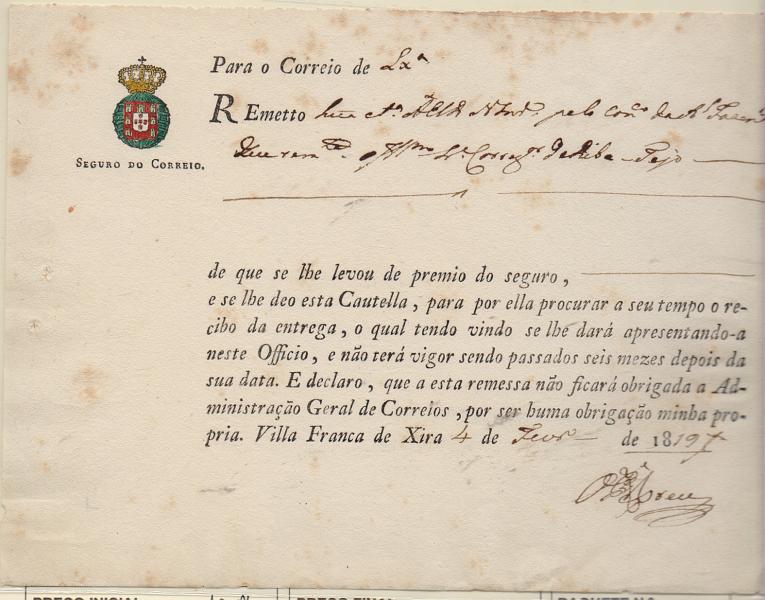 2875.jpg -     Lote:    2875      Lotes pelo Correio              Descrição:         1819 &mdash; Recibo de seguro do correio, emitido em Vila Franca de Xira em 04.12.19.         DOC       Valor Base:     &euro; 10,00     Valor Venda:     &euro; 10,00       