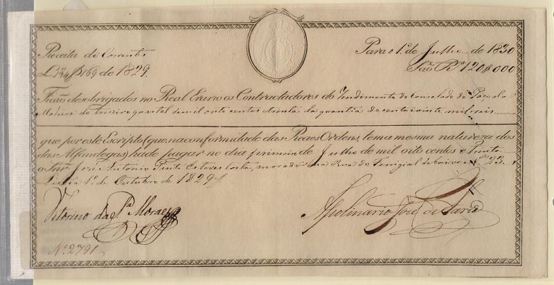 2876.jpg -     Lote:    2876      Lotes pelo Correio              Descrição:         Portugal &mdash;"Receita de Corrente" em papel com Selo albino com legenda "Erario Regio" com brasão oval coroado. Com data de 1829.         DOC       Valor Base:     &euro; 7,00     Valor Venda:     &euro; 9,00       