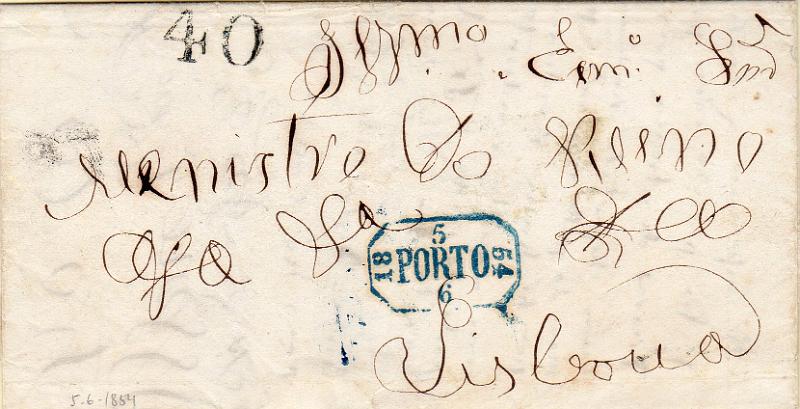 0002.jpg -     Lote:    2      J. M. Castanheira da Silveira             Descrição:         1854 &mdash; Porteado. Primeiro período * 2.ª tabela. Carta remetida do Porto (05.06.54) para Lisboa com porte a pagar. Foi porteada em 40 reis. Selo fixo batido a preto. Carimbo datado do período pré-adesivo do PORTO, batido a azul.        Carta       Valor Base:     &euro; 20,00     Valor Venda:     &euro;      