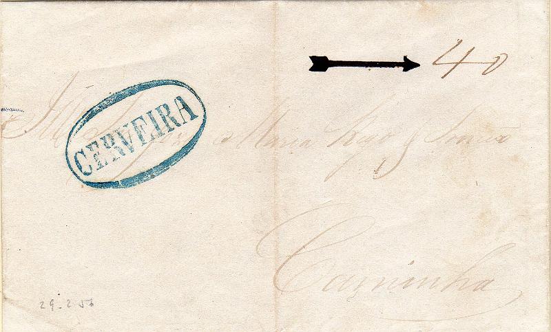 0004.jpg -     Lote:    4      J. M. Castanheira da Silveira             Descrição:         1856 &mdash; Porteado. Primeiro período * 2.ª tabela. Carta remetida de Vila Nova da Cerveira (29.02.56) para Caminha com porte a pagar. Foi porteada em 40 reis. Porte manuscrito a sépia. Carimbo batido a azul de CERVEIRA.         Carta       Valor Base:     &euro; 30,00     Valor Venda:     &euro;      